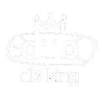 Logo "dB king" avec un visage stylisé et une couronne, en noir et blanc.