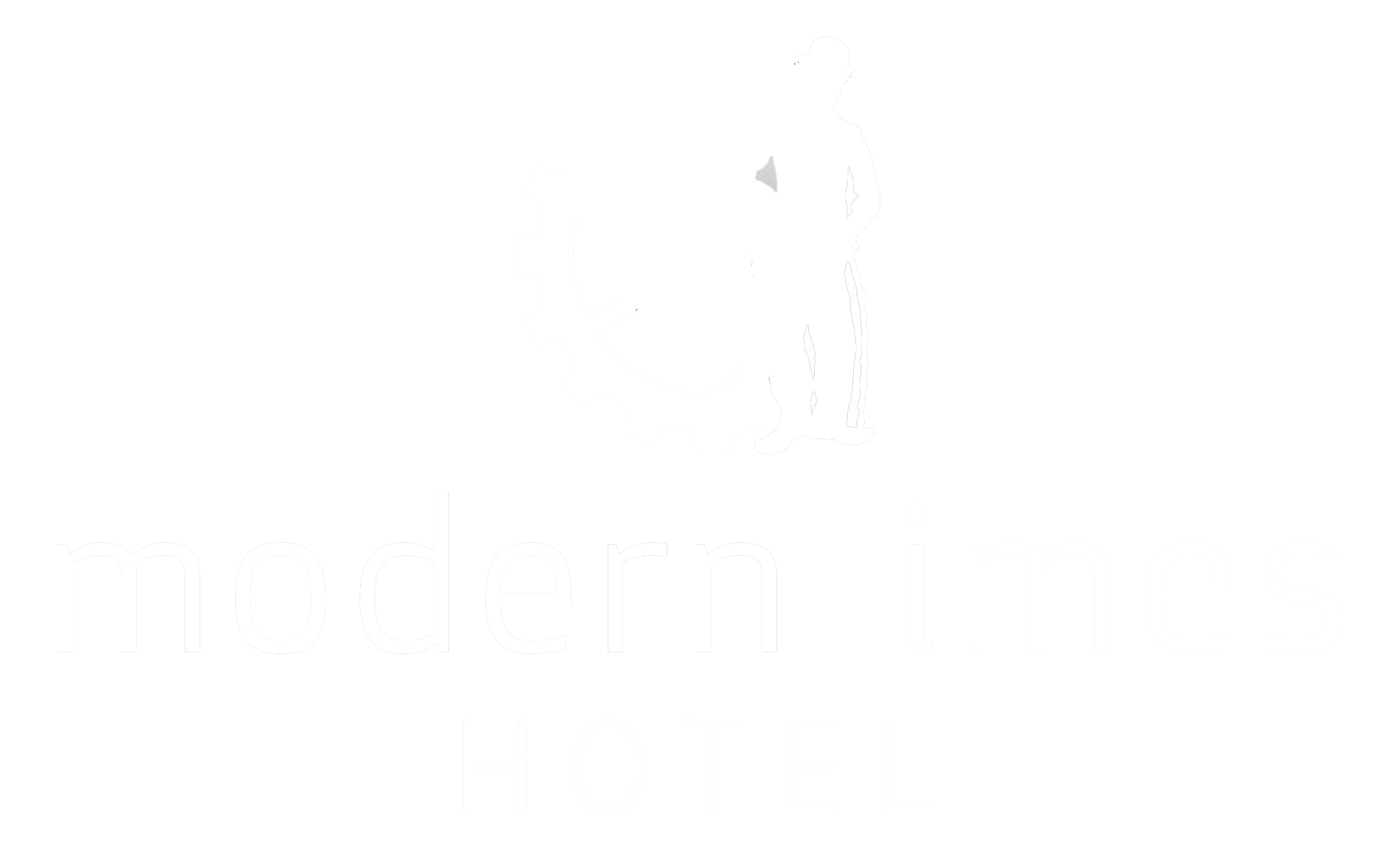 Logo avec un rouage et une silhouette, texte "modern times" en bas.