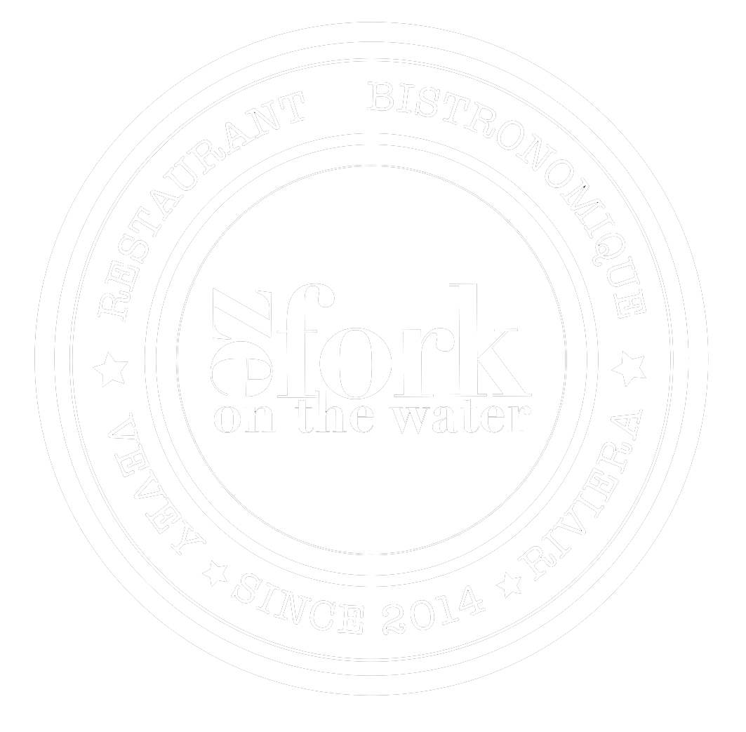 Logo du restaurant "Fork on the Water" avec texte "Restaurant Bistronomique Vevey Riviera Depuis 2014" en noir et blanc.