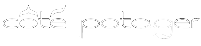 Logo avec le texte 'côté potager' et des éléments graphiques imitant des feuilles sur fond noir.