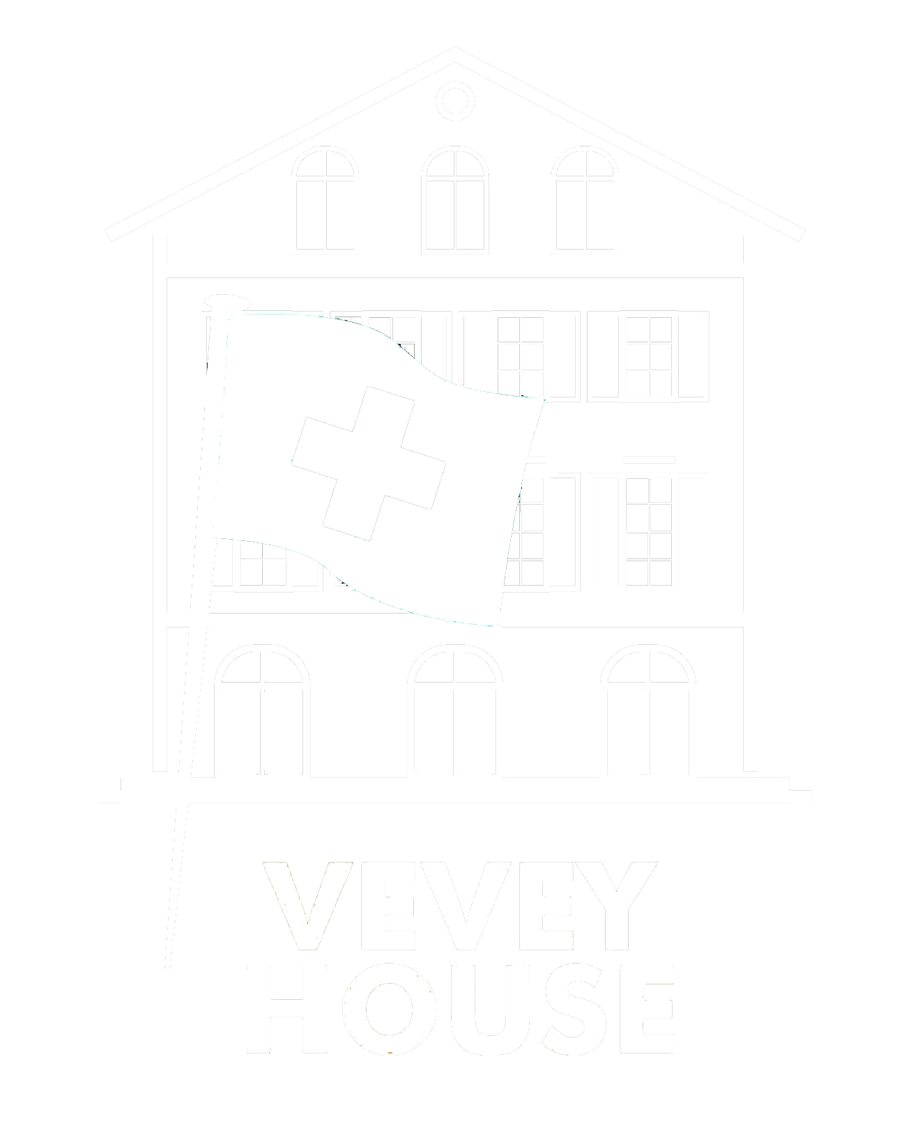 Illustration d'un bâtiment avec un drapeau suisse flottant devant, et les mots "Vevey House" en dessous.