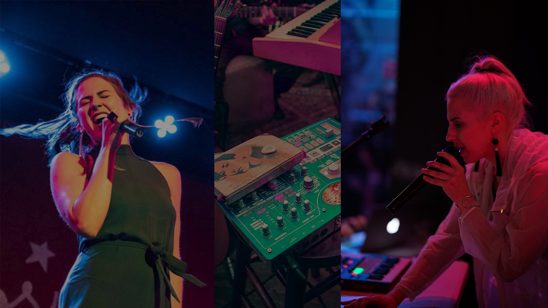 A collage of three images: a singing woman on stage with colorful lighting, a music production equipment with a keyboard and mixer, and a woman in a white shirt singing into a microphone in a dimly lit setting.