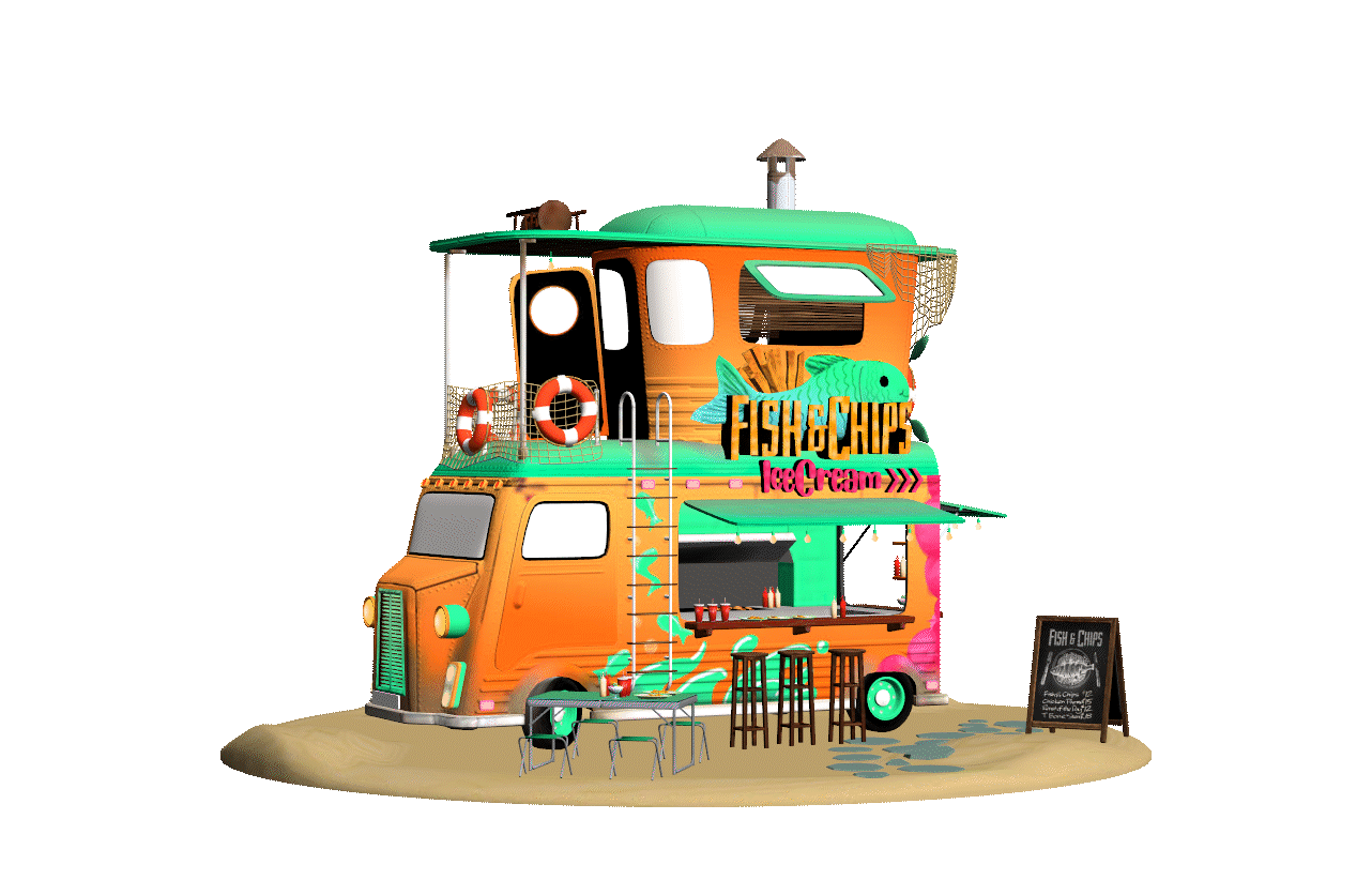 Colorful food truck decorated with a fish and chips sign, serving ice cream on a sandy surface with outdoor seating, chalkboard menu, and life preserver decorations.