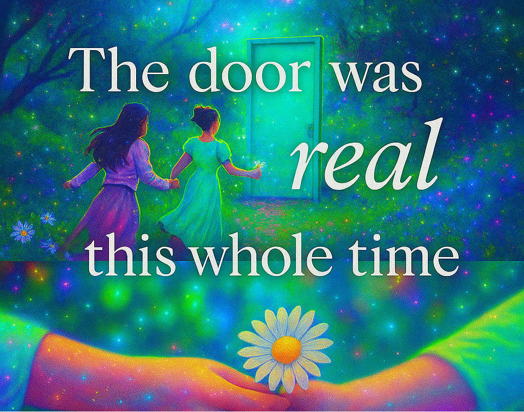 Illustration of two girls holding hands as they walk toward an open door in a magical, colorful forest with sparkles and a daisy flower in the foreground, along with the text 'The door was real this whole time'.