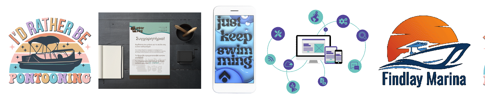 Graphic with multiple logos and illustrations, including a boat with the text 'I'd Rather Be Pontooning', a receipt and notebooks, a smartphone with 'just keep swimming' on the screen, a network diagram of digital services, and a findlay marina logo with a boat silhouette and sunset.