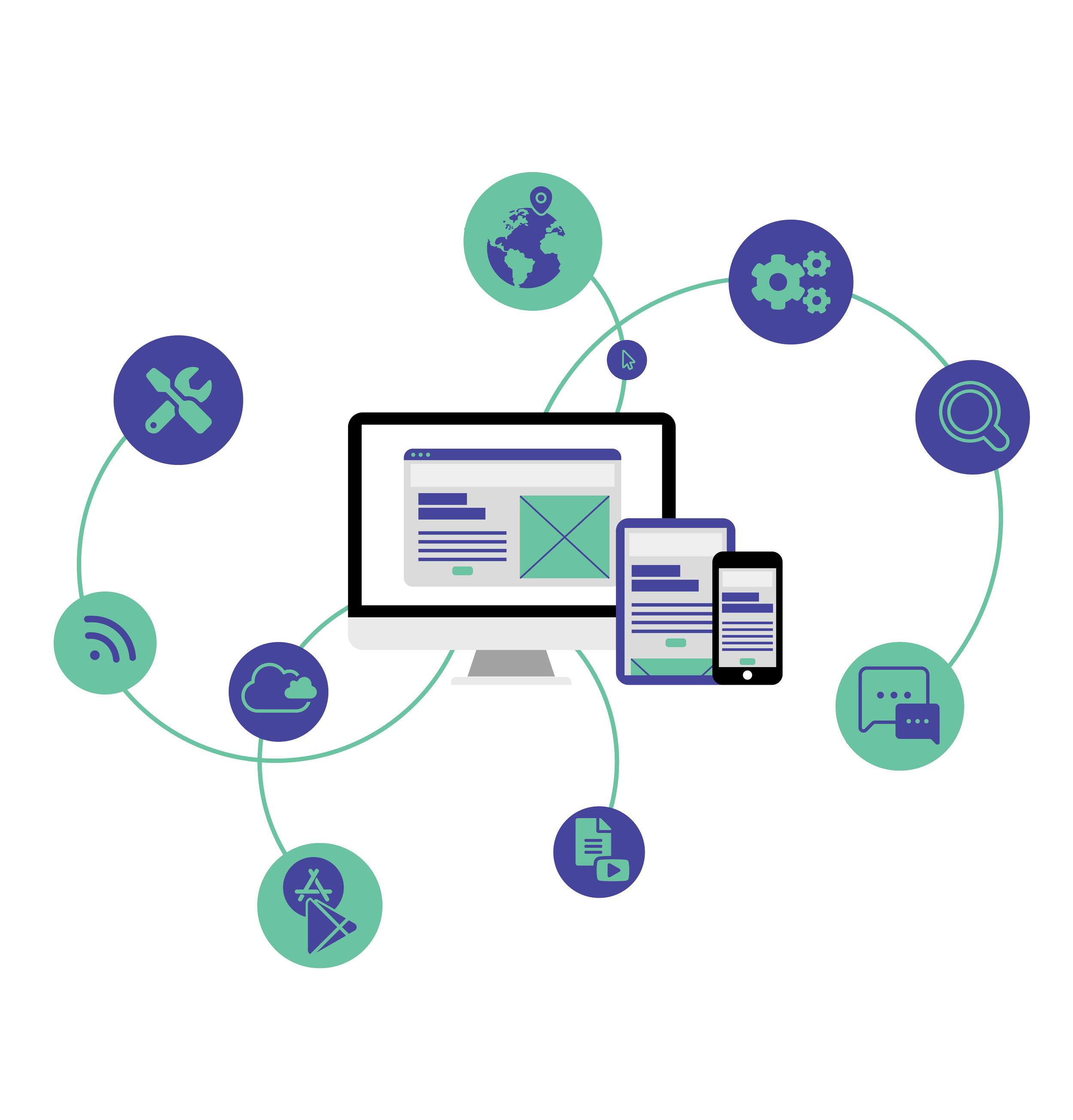 Illustration of digital devices connected with icons representing tools, global location, settings, search, chat, video, downloads, cloud, Wi-Fi, and maintenance, symbolizing integrated digital services.