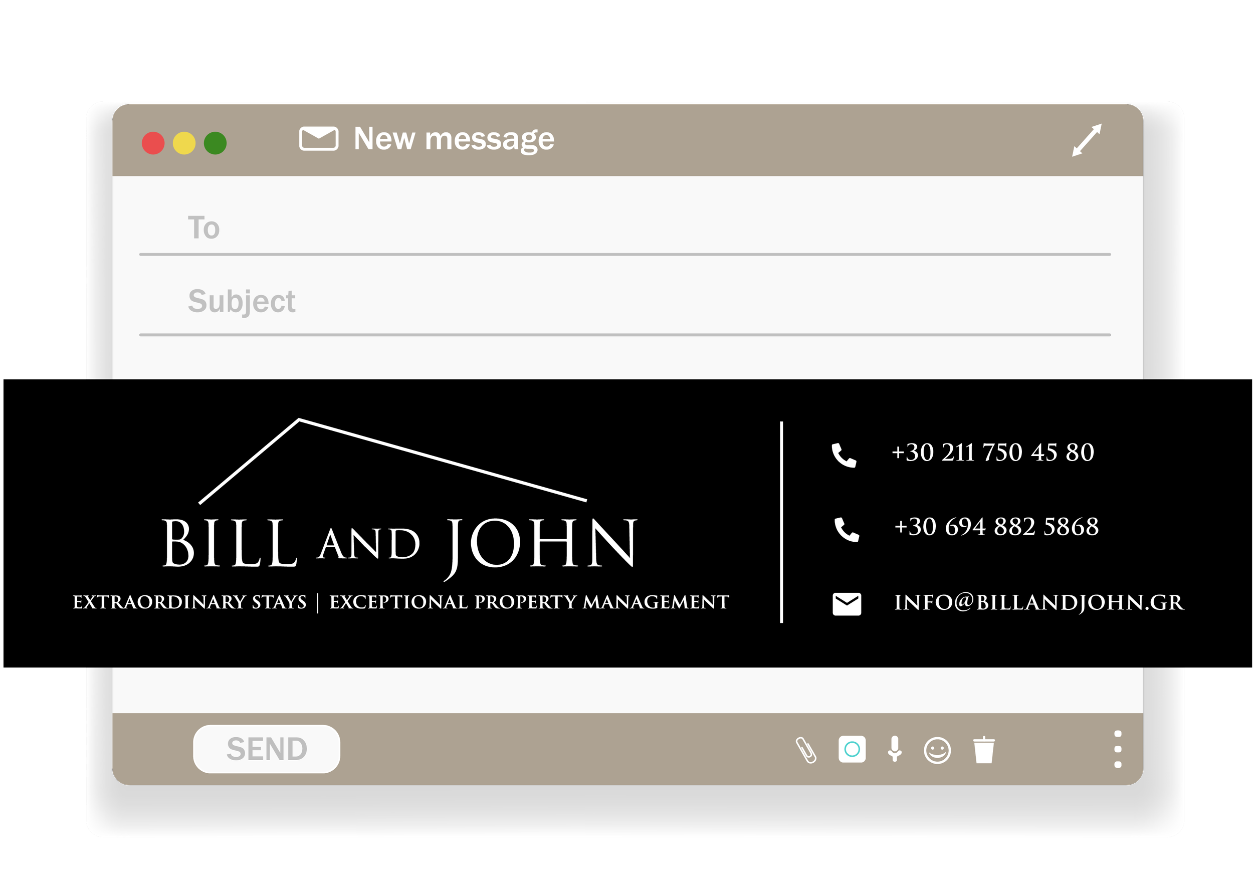 Email marketing template for Bill and John property management company featuring contact information with phone numbers, email, and tags for attachment, camera, microphone, smiley face, trash, and menu options.