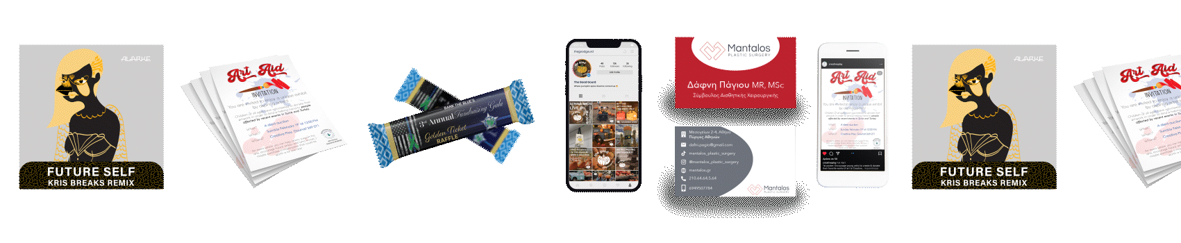 Collection of promotional and event materials including cards, tickets, candy bars, smartphones displaying social media, and flyers for a cosmetic or aesthetic surgery event with branding for Art Guild and Mantalas Plastic Surgery.