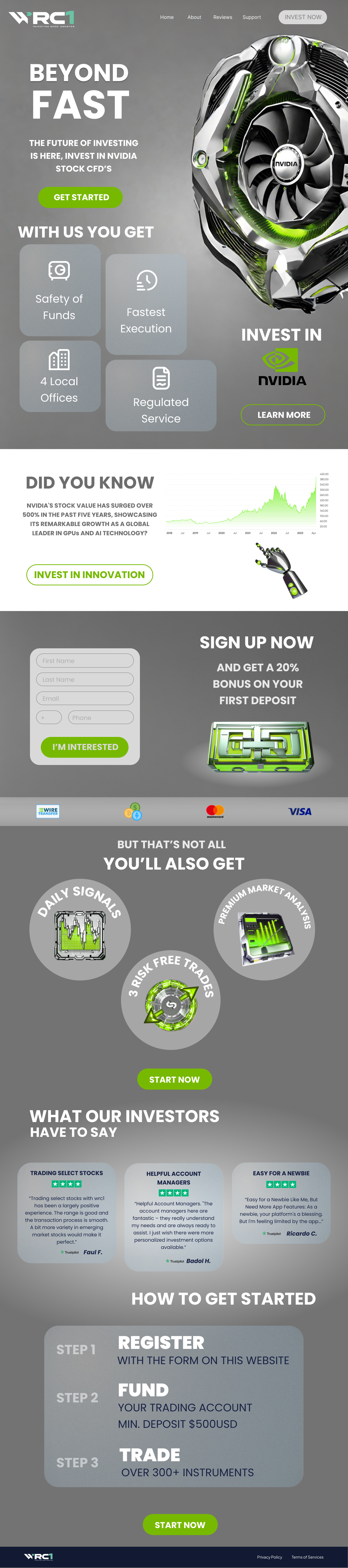 A promotional website for NVIDIA stock investment. The webpage features a high-tech graphics card, investment benefits, stock growth data, sign-up incentives, and testimonials, all with green accents and a modern design.
