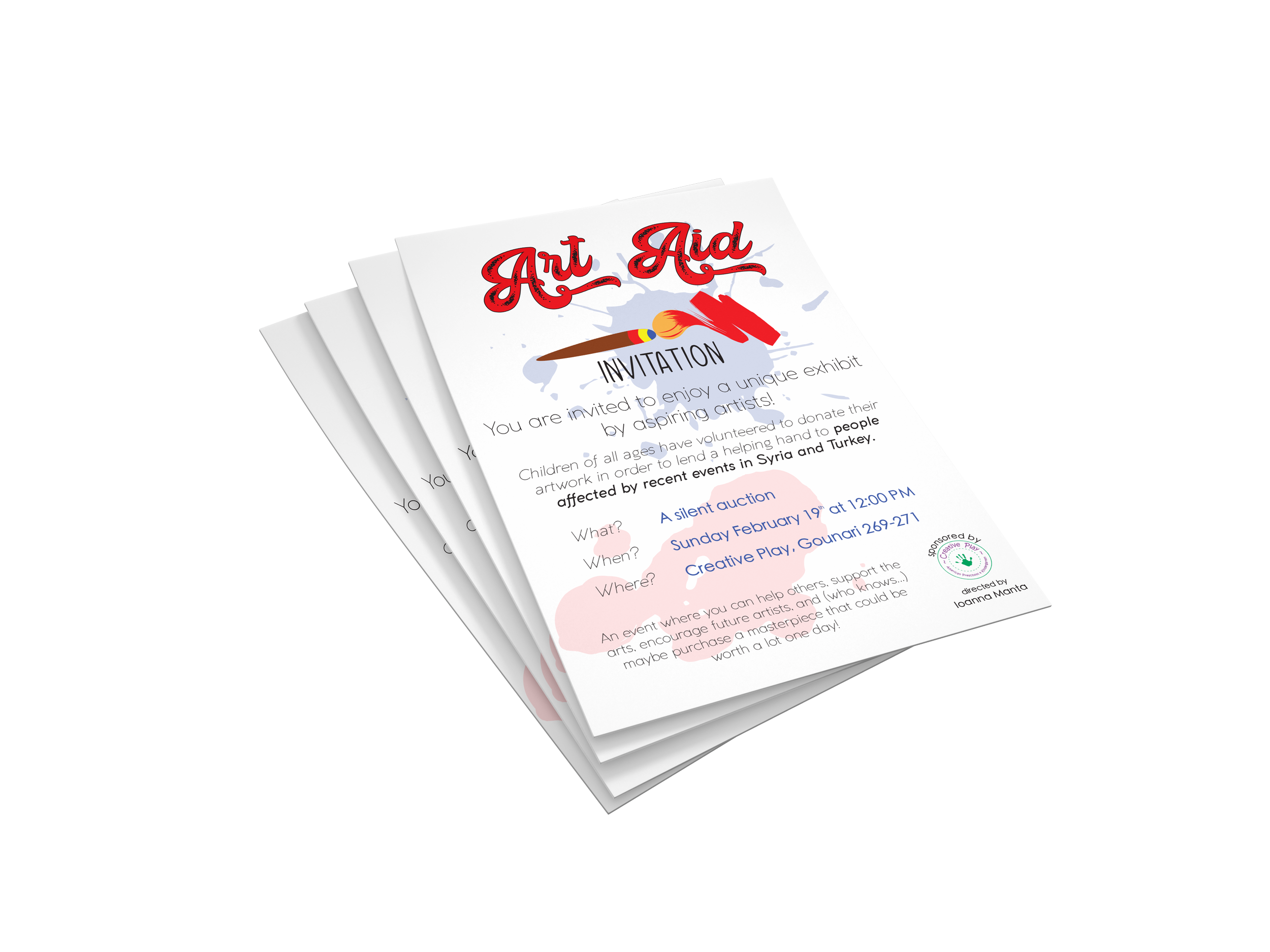 A stack of art event invitation flyers titled "Art Aid," featuring a paintbrush and fiery swoosh graphic, with details about a silent auction for children affected by recent events in Syria and Turkey.