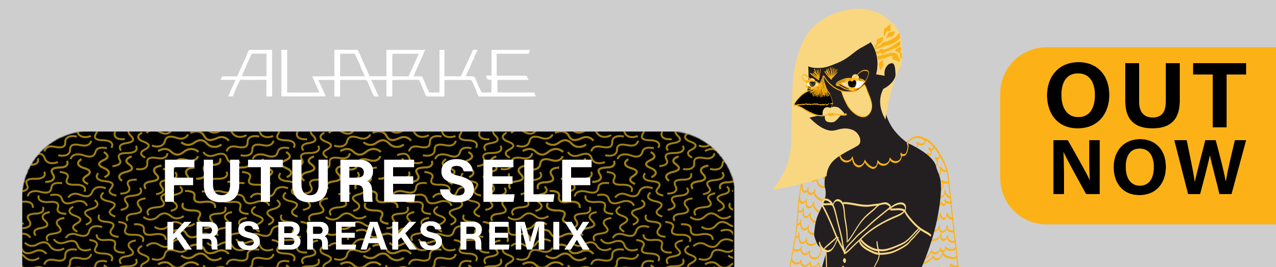Music event poster with abstract female illustration, yellow and black text, and a gray background.