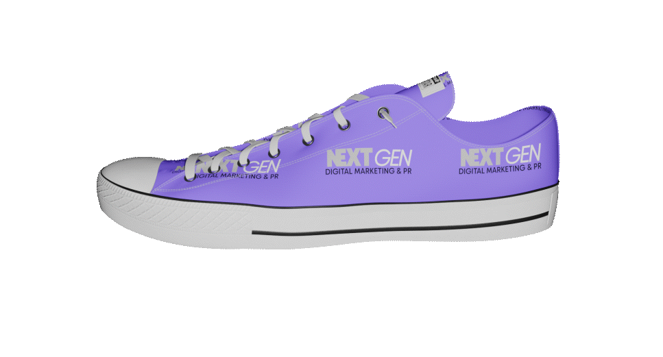 Purple low-top sneaker with white sole and laces, featuring the text 'NEXT GEN Digital Marketing & PR' printed on the side.