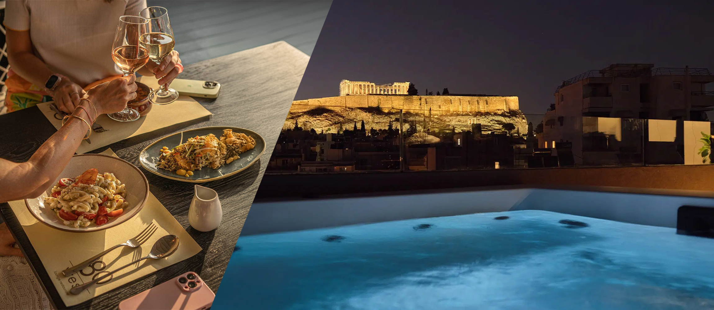 A dinner setting with two wine glasses, plates of pasta and salad, on a table indoors, and an outdoor night scene with a lit-up ancient ruins on a hill and a swimming pool with blue water