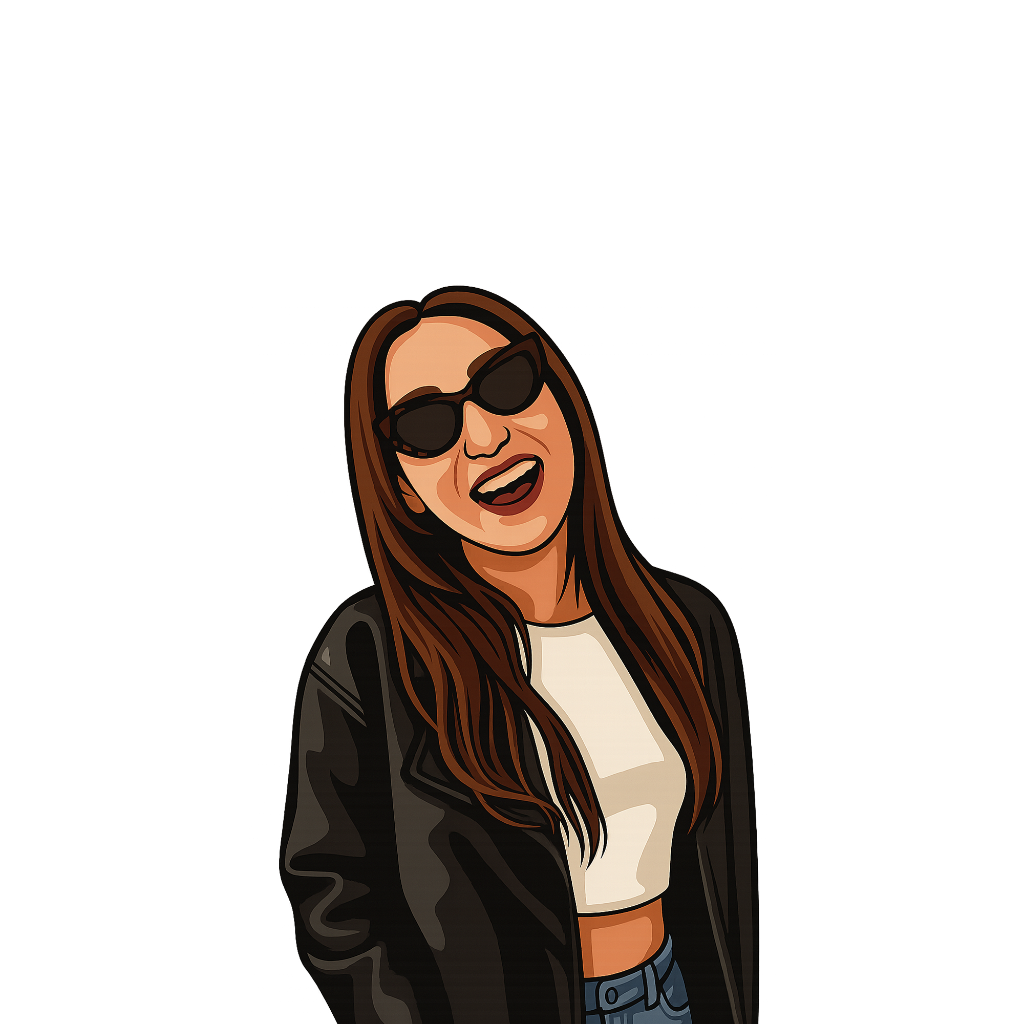Cartoon illustration of a woman with long brown hair wearing black sunglasses, a black jacket, a white crop top, and jeans, smiling and laughing.