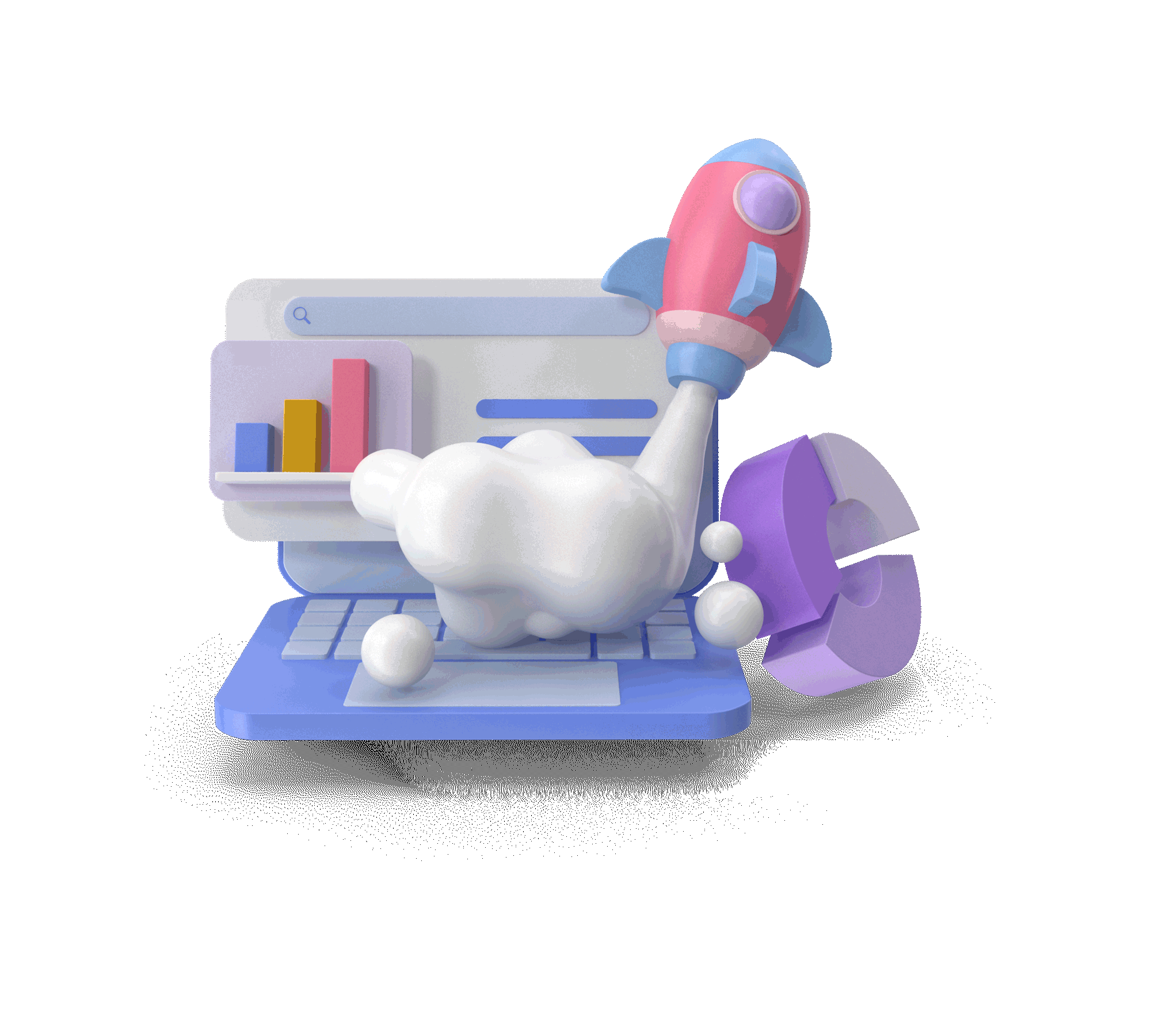 A 3D illustration of a laptop with a bar chart, a cloud, a rocket, and a pie chart, symbolizing technology, data analysis, and innovation.