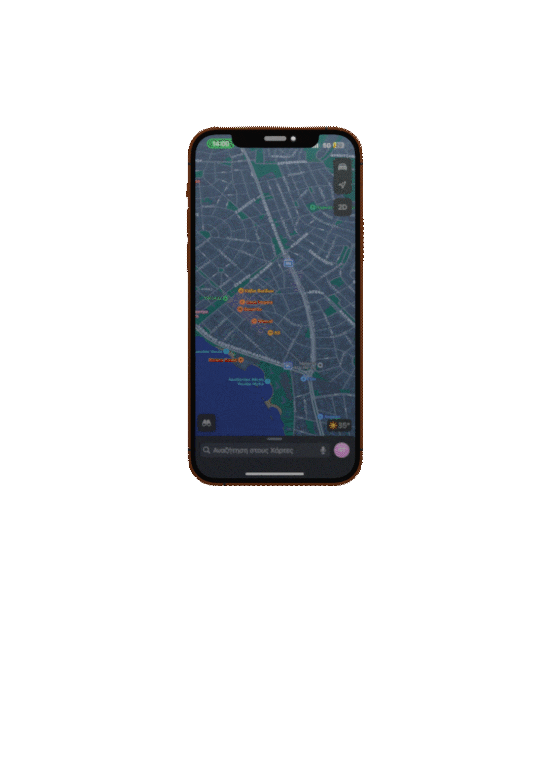 Smartphone displaying a map with street layout and location markers on a red background.
