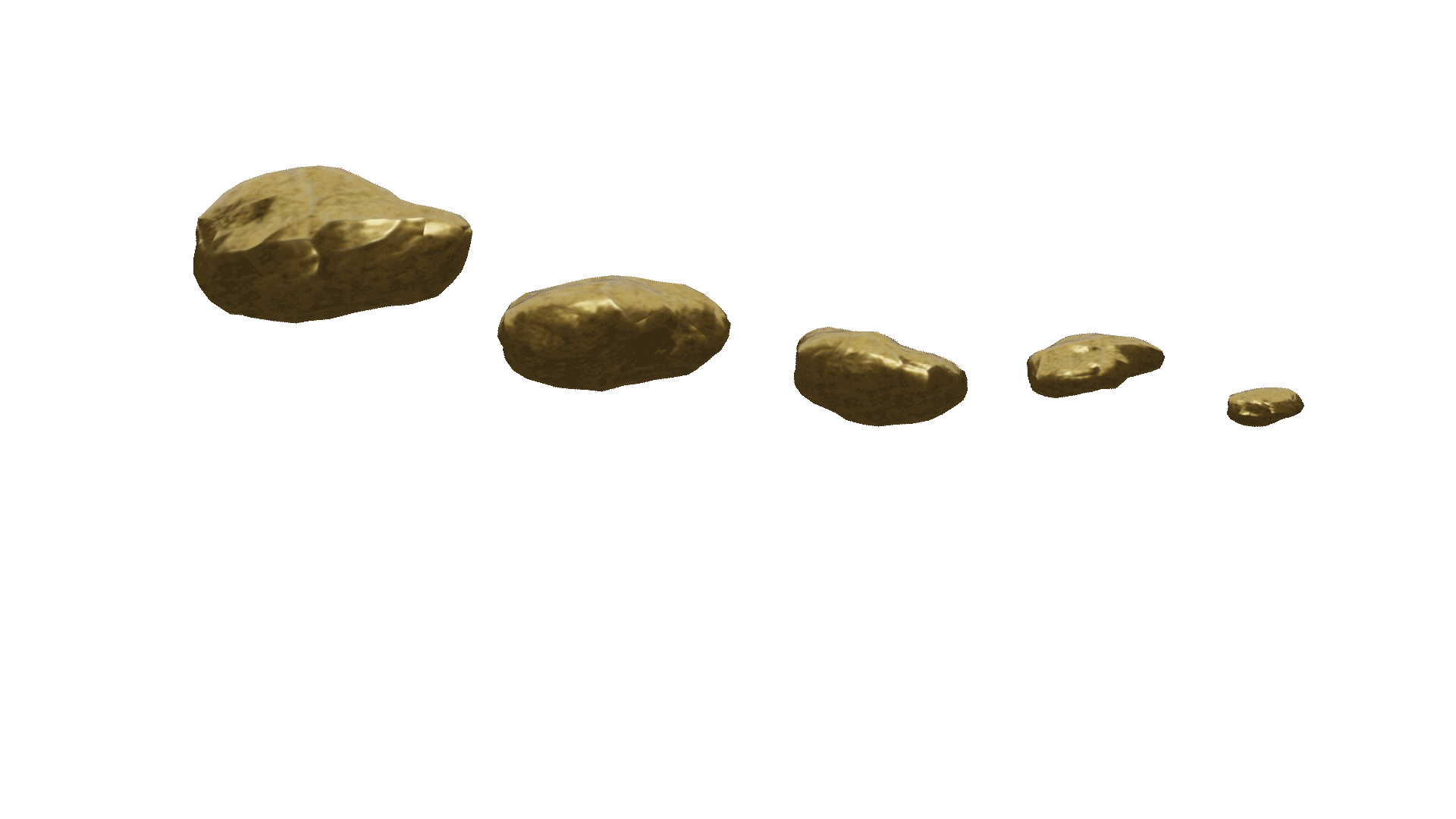 A series of seven gold nuggets decreasing in size from left to right, floating against a black background.