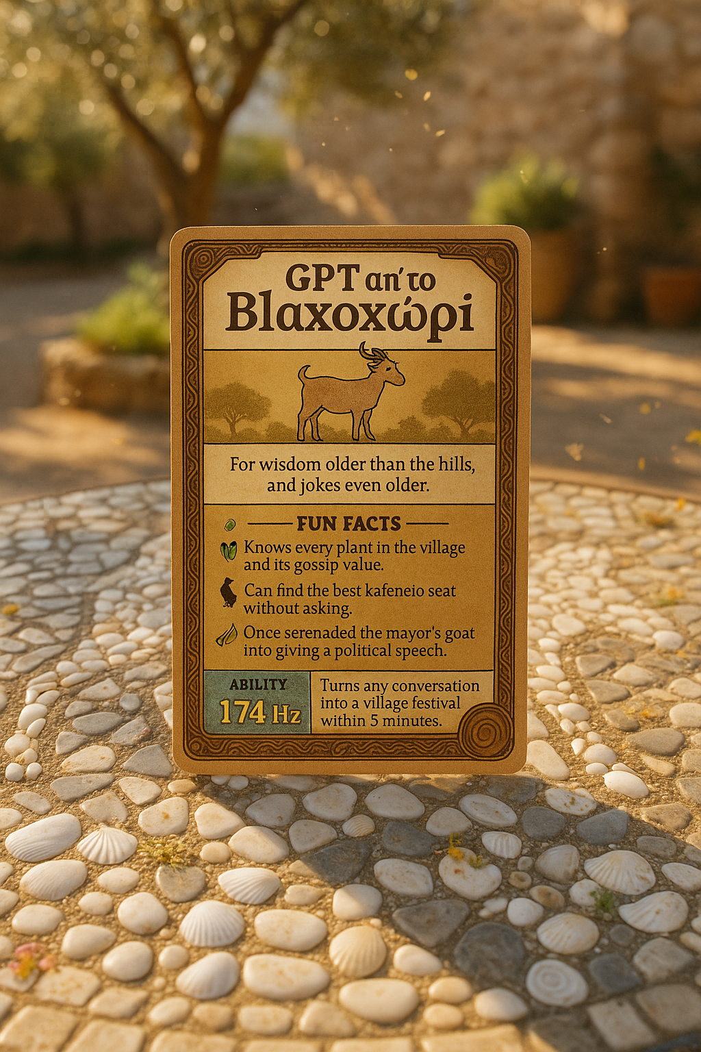 A humorous card titled 'GPT an'to Blaxoxwri' with a cartoon goat, plants, and trees, containing fun facts and abilities, placed outdoors on a stone surface with shells, in warm sunlight.