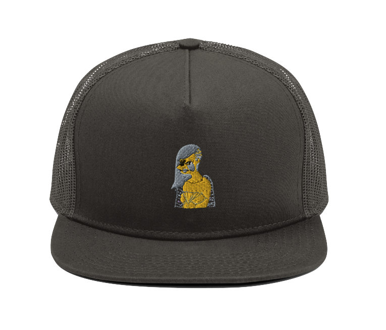 Gray trucker hat with an embroidered image of a dog wearing sunglasses and a bandana.