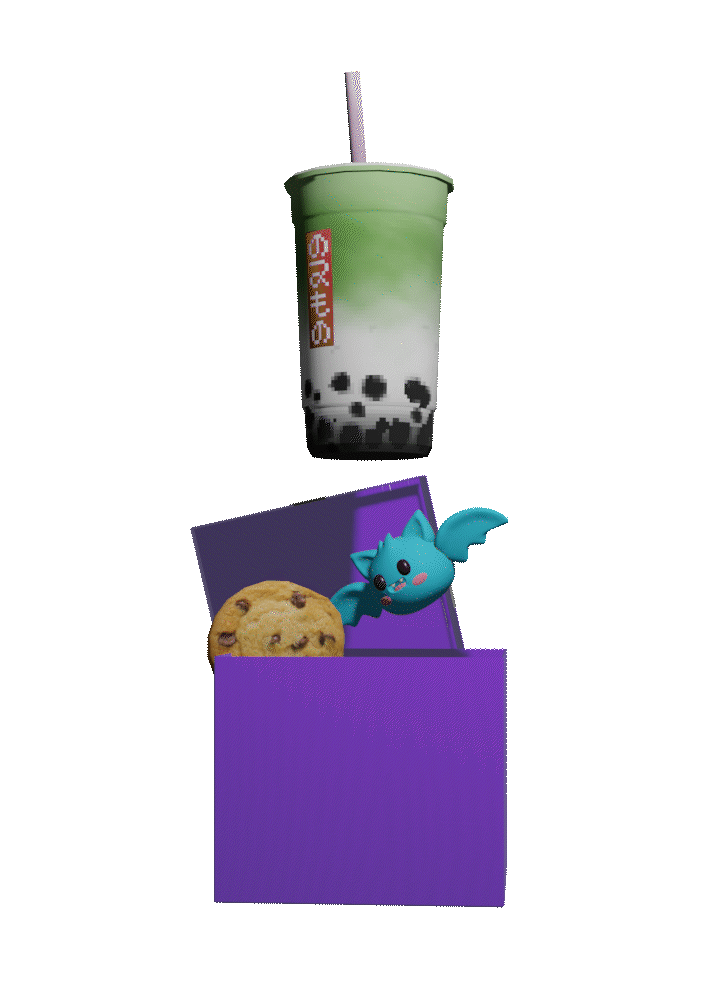 A green and white bubble tea drink with black tapioca pearls and a straw, a chocolate chip cookie, a purple box, and a small blue cartoon bat with wings emerging from the box.