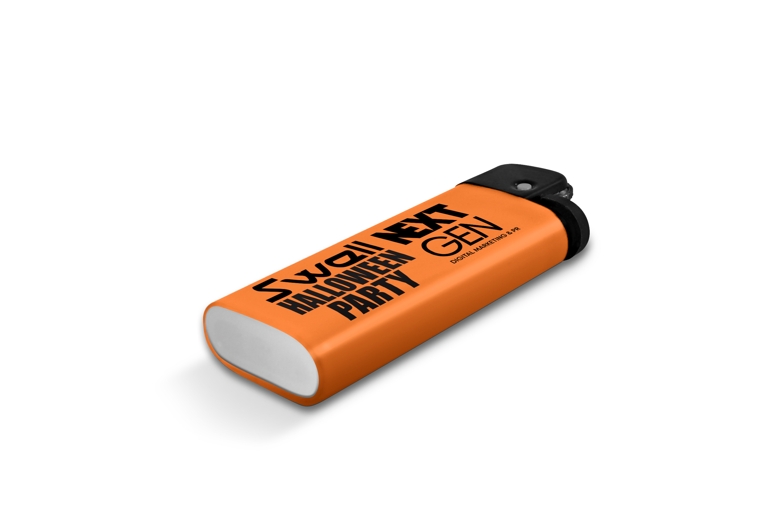 Orange lighter with black text that reads 'Spooktacular Halloween Event Party GEV' and 'Digital Marketing & PR'.