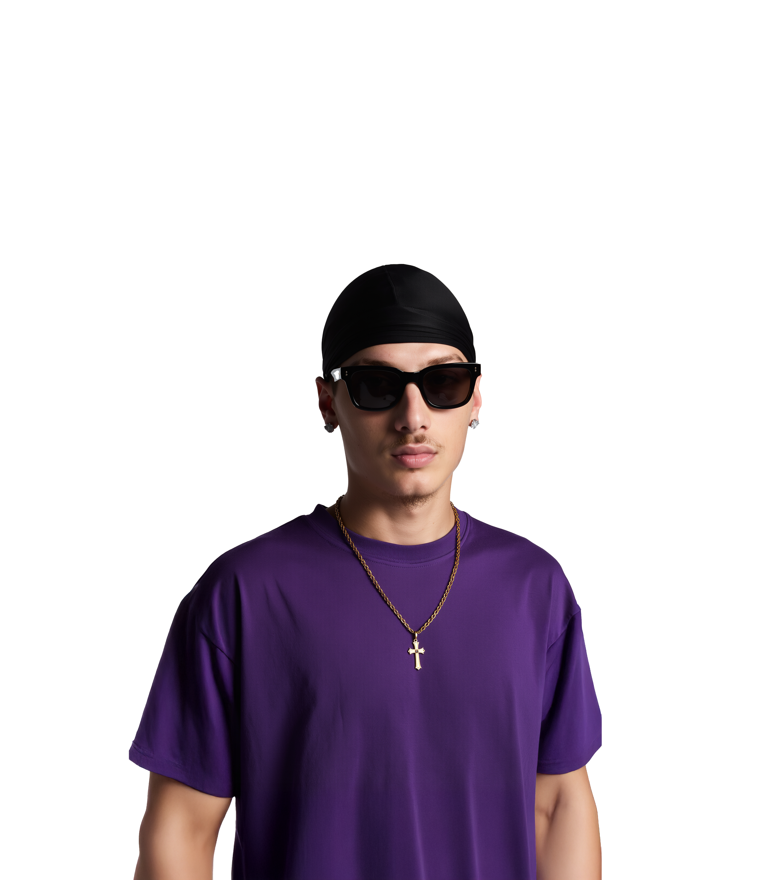 A young man wearing black sunglasses, a black headscarf, a purple t-shirt, and a gold necklace with a cross pendant, standing against a background with black and white sections.