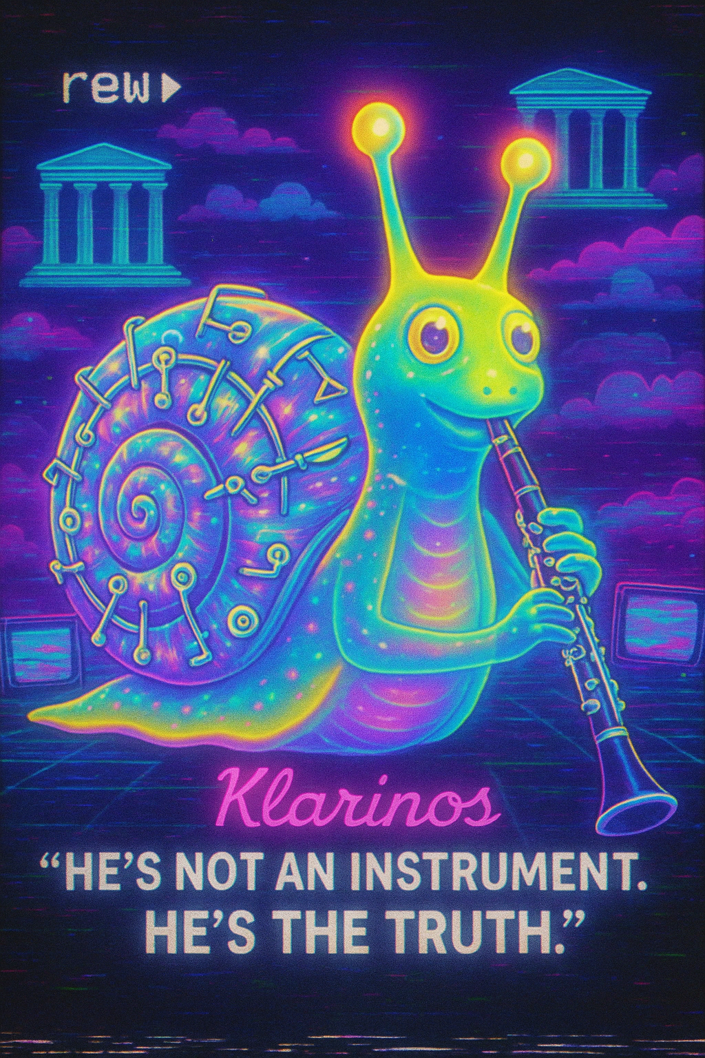 A colorful, neon-style illustration of a snail with a clock shell, playing a clarinet. The background features neon clouds, two ancient Greek-style temples, and the text 'Klarinos' and 'He's not an instrument. He's the truth.'