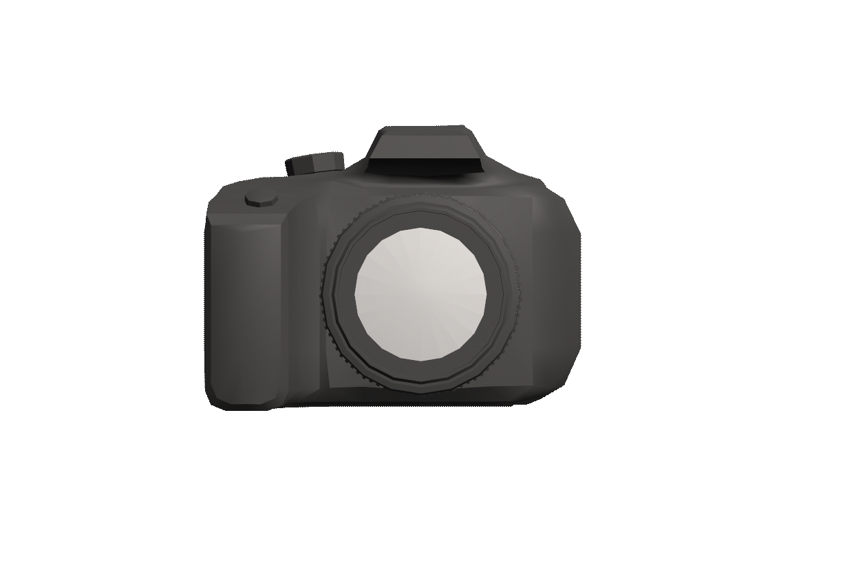 A digital illustration of a black camera with a large lens on a black background.