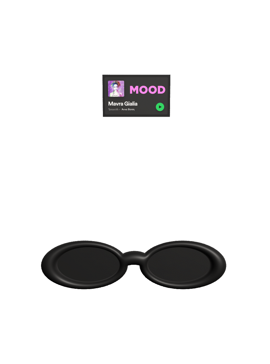 Black voice assistant device with oval shape and a speaker grille, positioned below a song playlist on a screen, featuring a music album cover with the word 'MOOD' and song information. Anna Vissi, Άννα Βίσση Μαύρα Γυαλιά
