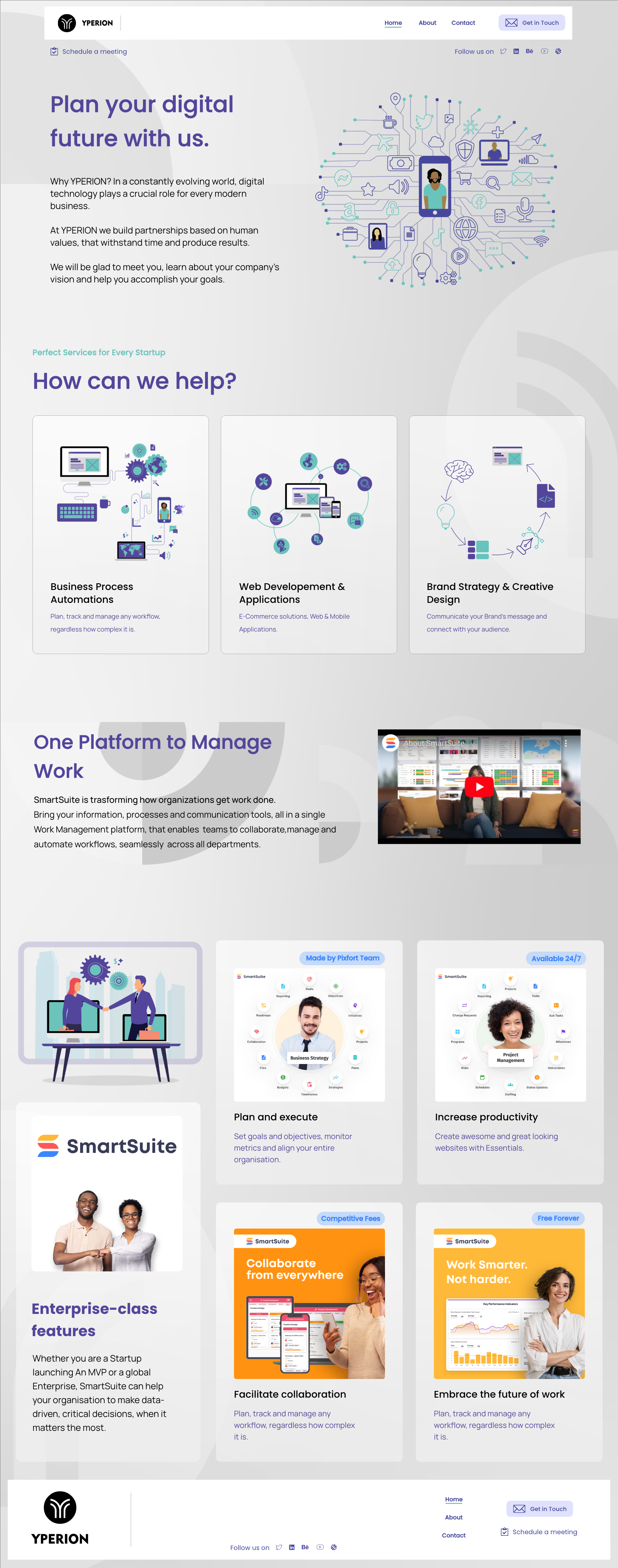 Screenshot of YPERION company's website homepage featuring digital services, with sections on digital future planning, business process automation, web development, branding, smart work platform, and enterprise features, including videos, icons, and text descriptions.