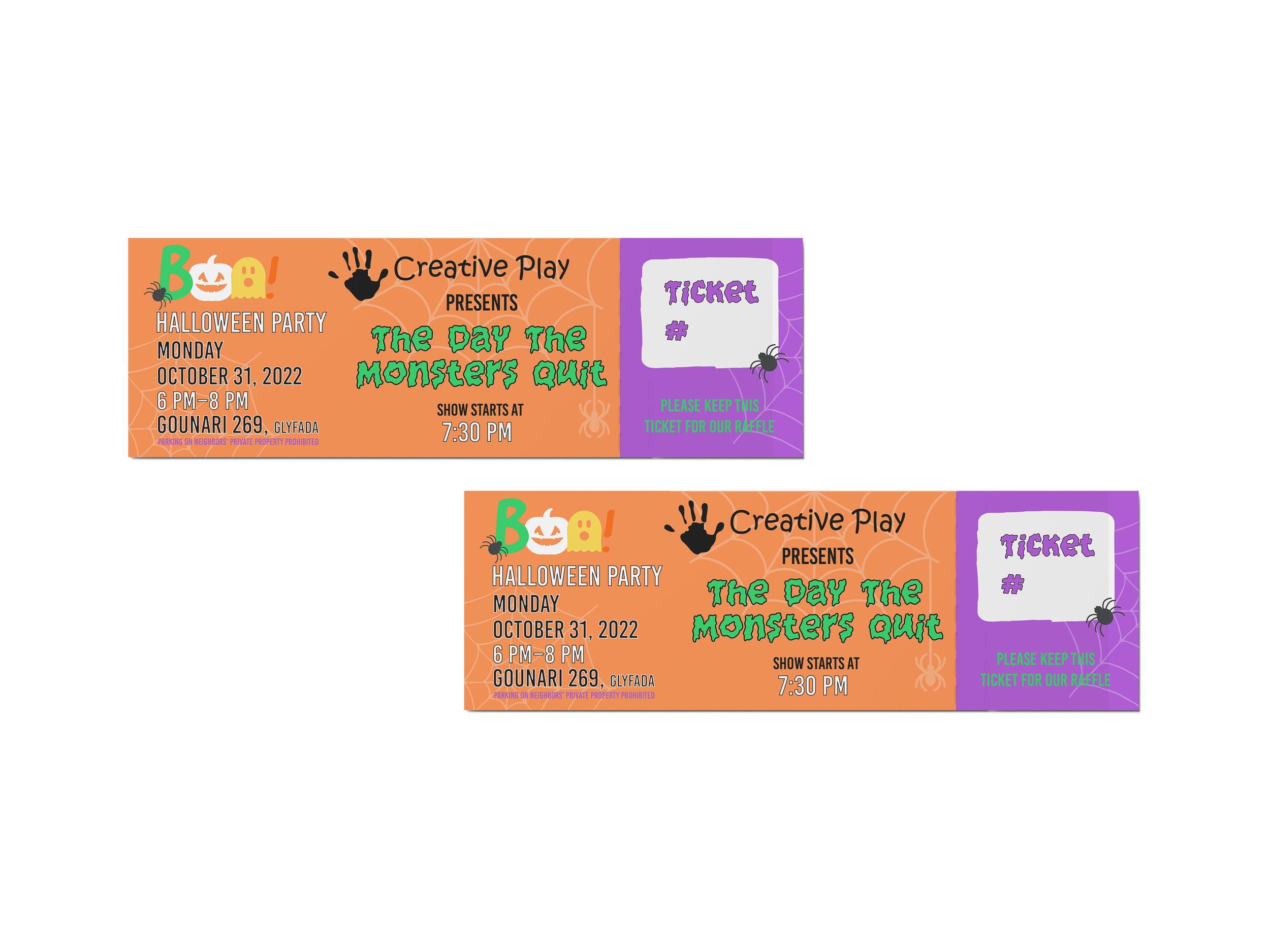 Two Halloween party tickets with orange and purple backgrounds, featuring spooky graphics, event details, and a ticket number area.