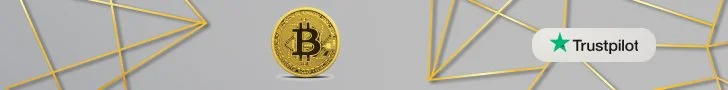 Line of gold-colored Bitcoin symbols with yellow lines connecting them on a light gray background, with a Trustpilot logo in the top right corner.