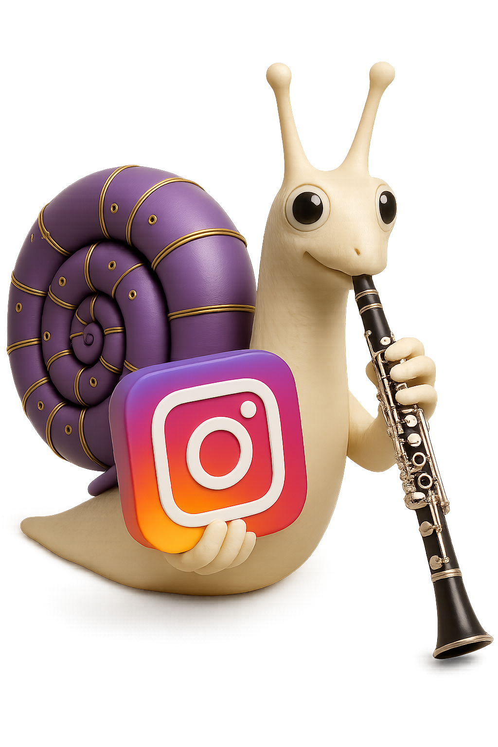 A snail figurine with big eyes playing a black clarinet, holding an oversized Instagram logo, and carrying a purple shell.