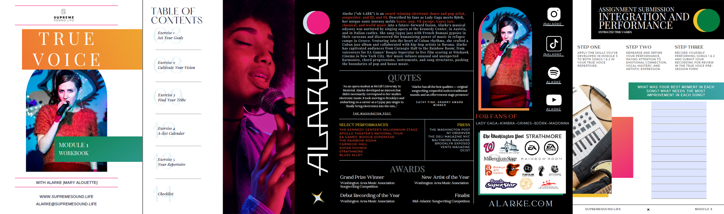 Design layout for a music program or booklet titled 'True Voice' with photos of a woman singing, colorful text, and sections on performance schedules, quotes, awards, and fan information.