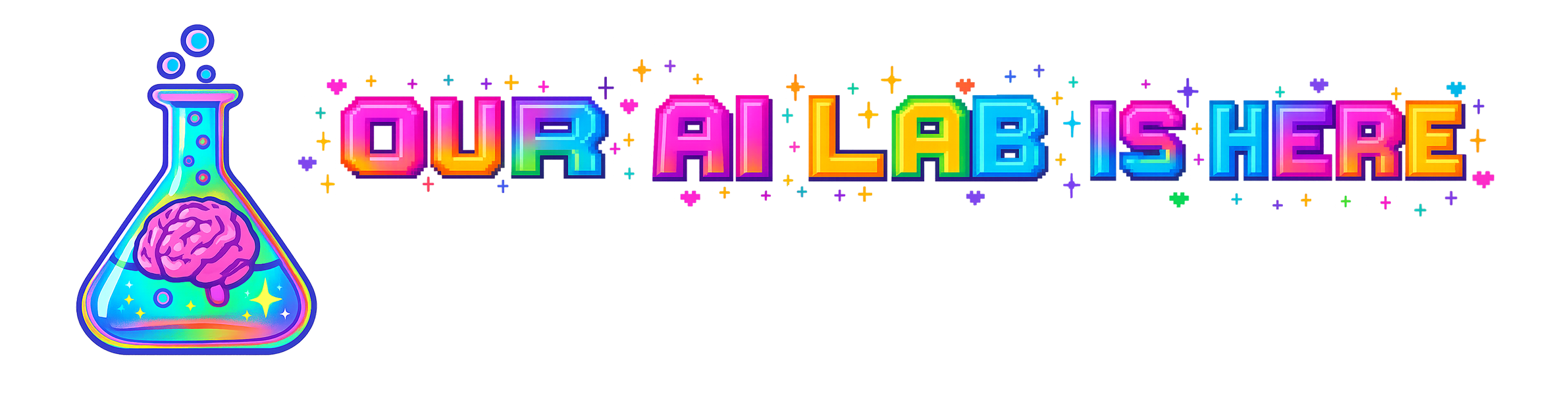 Colorful digital graphic with a science beaker containing a brain and the words 'OUR LAB IS HERE' in vibrant, glowing letters.