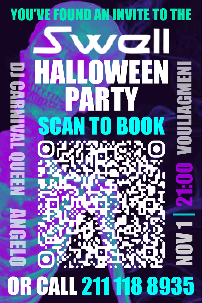 Invitation to a Halloween party with a QR code to scan for booking. The event is at 5 Wall Street on November 1 at 11:00 PM, with a phone number provided for inquiries.