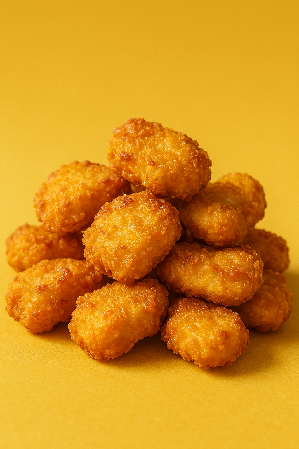 Pile of crispy, golden fried chicken nuggets on a yellow surface with a yellow background.