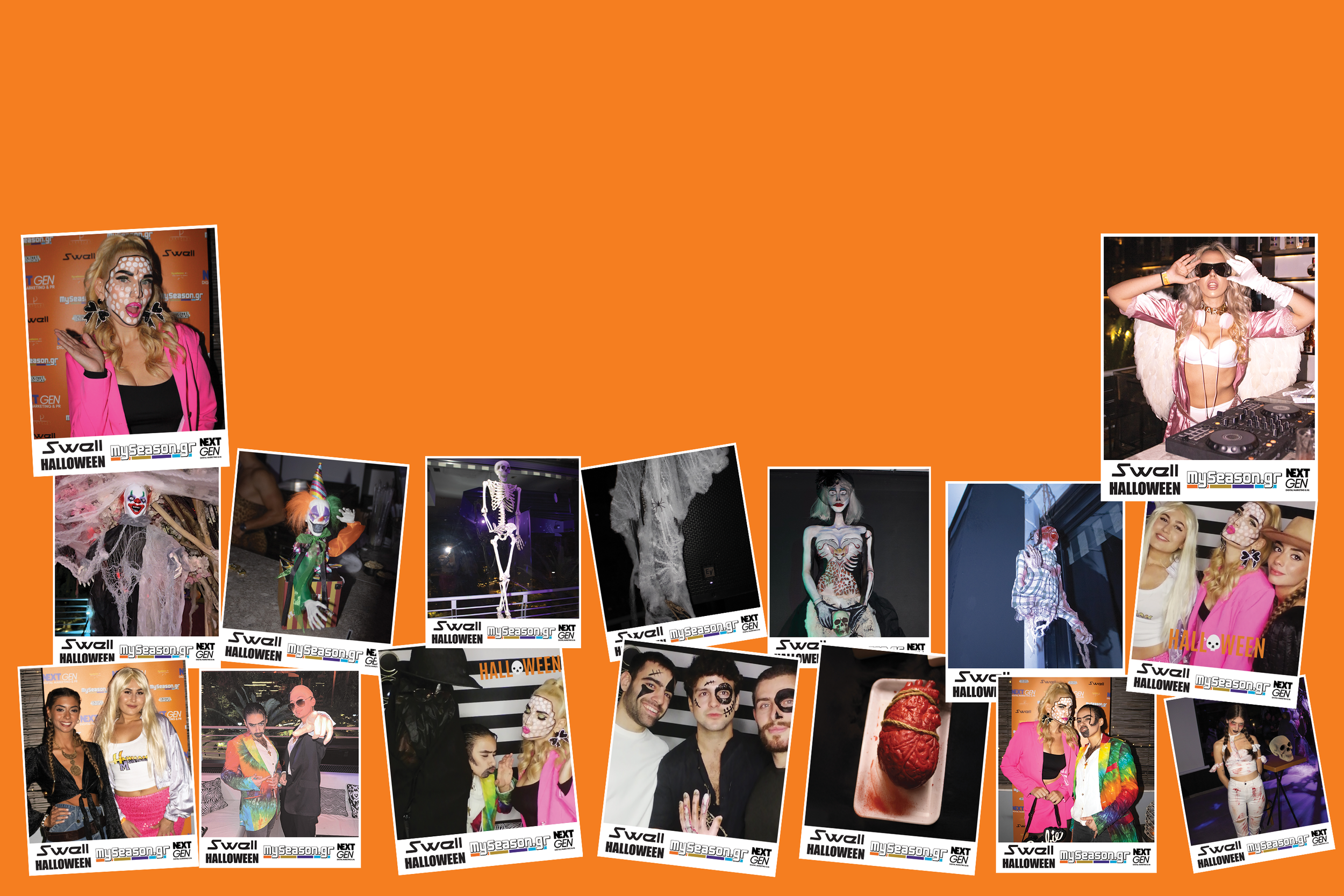 Collection of Halloween-themed photos featuring people in costumes, skeleton decorations, and Halloween accessories arranged on an orange background.