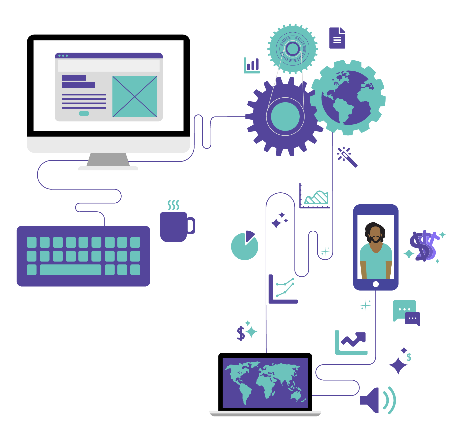 Digital illustration showing interconnected devices and icons representing technology, data analysis, global communication, and financial growth.