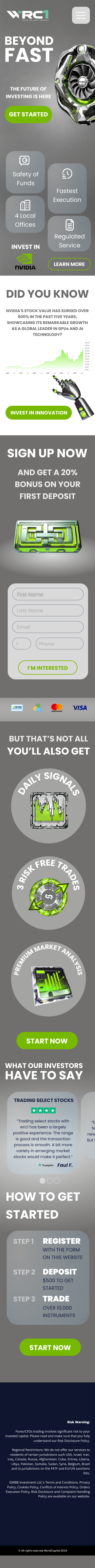 A promotional webpage for investing in NVIDIA stock highlights features like security, regulated services, and a 20% bonus offer on first deposit. The page includes call-to-action buttons for signing up, investing, and learning about the process, with sections emphasizing daily signals, risk-free trades, and market analysis tools.