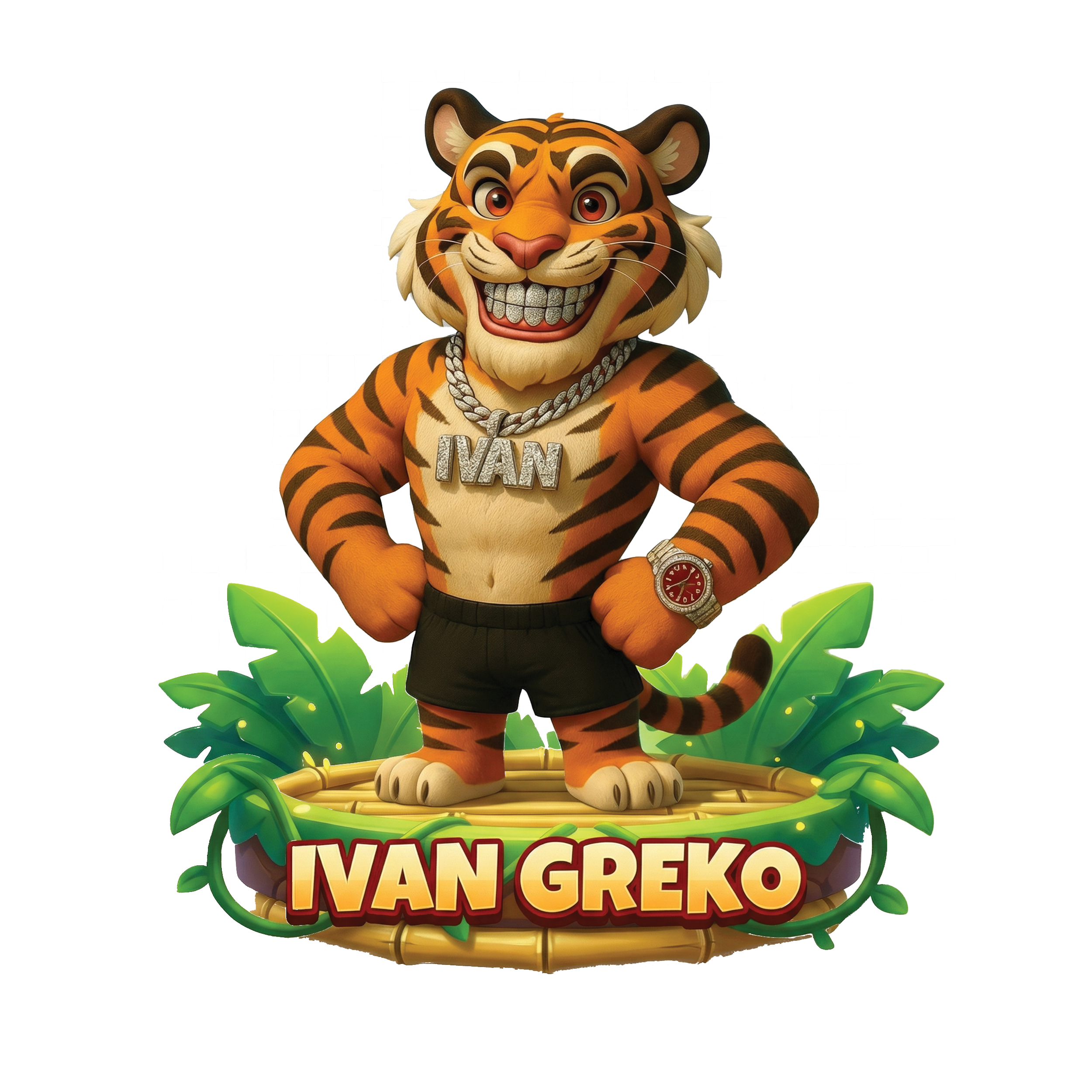Cartoon tiger character with a big smile, wearing black shorts, a silver watch, a chunky 'Ivan' necklace, standing on a platform with green leaves, with the text 'Ivan Greko' below.