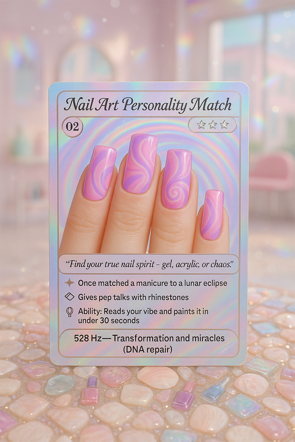 Holographic card titled 'Nail Art Personality Match' featuring five artificial nails with pink and lavender swirl designs. The card includes playful descriptions and icons about nail vibes, rainbow energy, and DNA repair, with a dreamy background of pastel and rainbow hues.