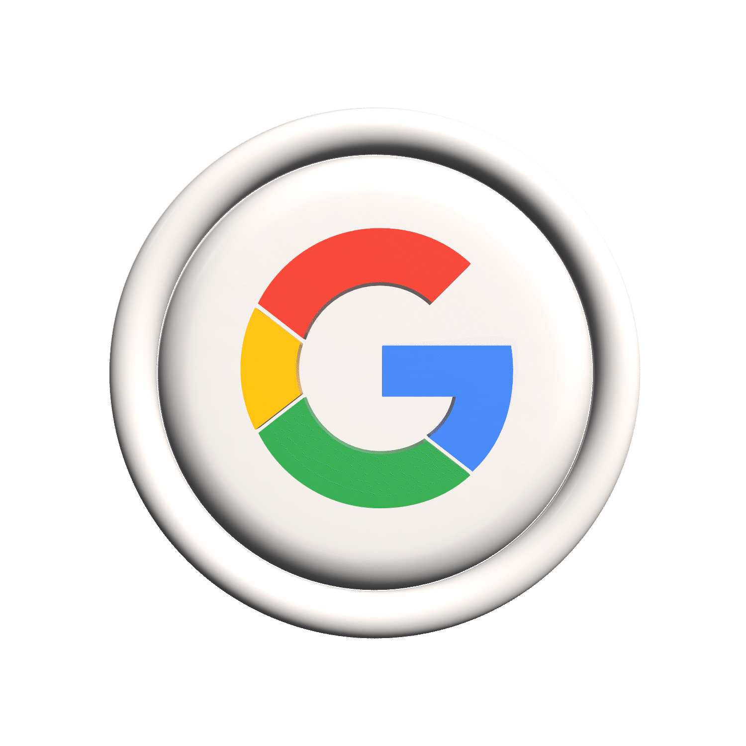 Google logo within a circular, glossy, white button with a metallic border.
