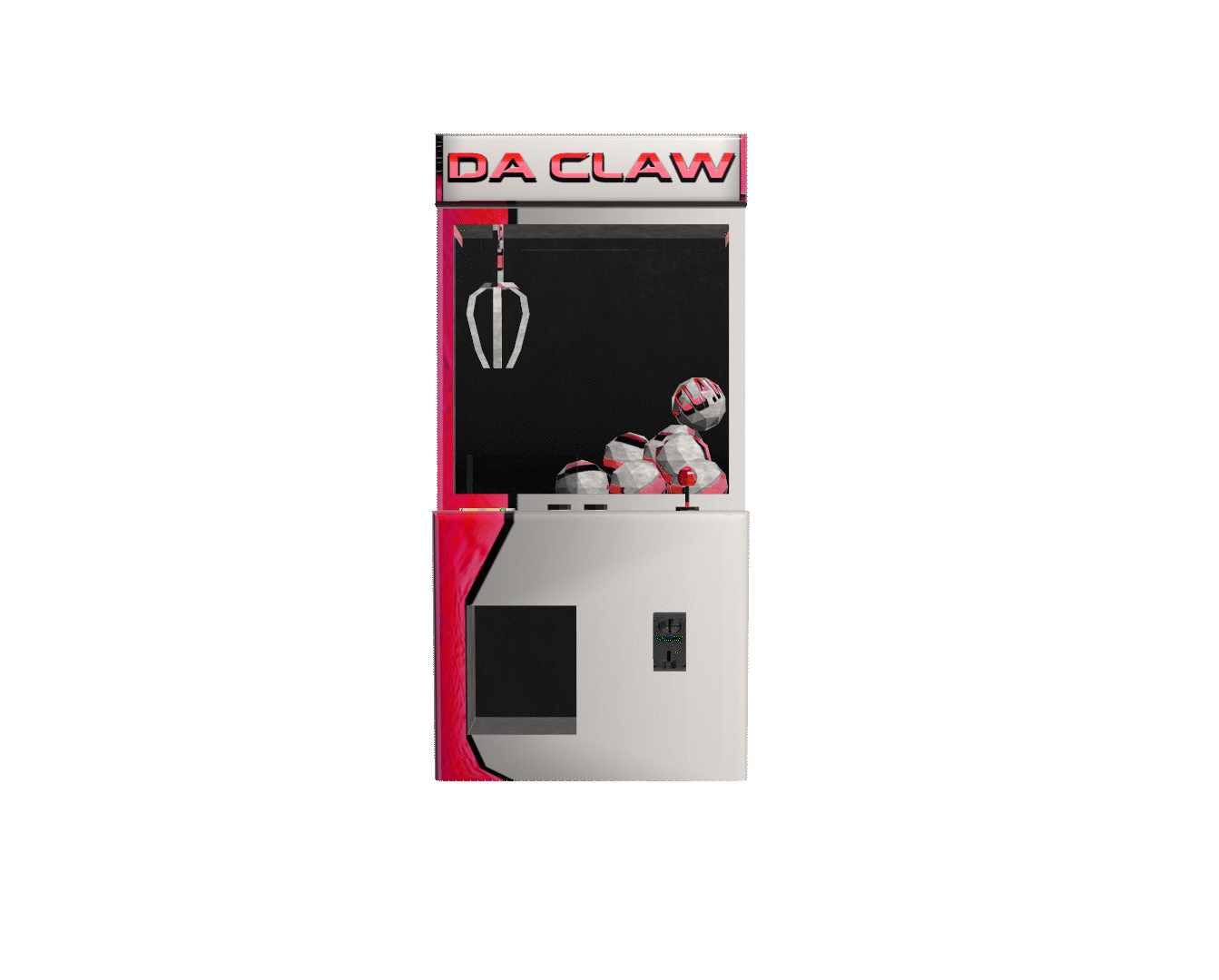 A claw machine arcade game with the sign 'Da Claw' at the top, containing several basketballs inside the glass cabinet.