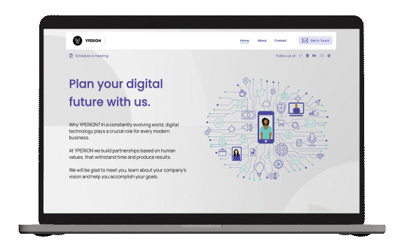 Screenshot of a website homepage for YPERION with a headline 'Plan your digital future with us' and an illustration of interconnected digital devices and a person.