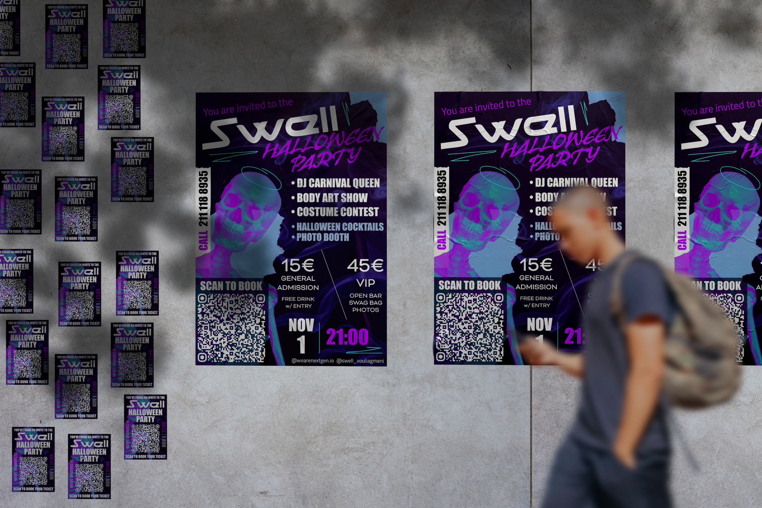 A person walking past a wall with multiple Halloween party posters, primarily purple and black, advertising a Swell Halloween Party on November 1st at 9:00 PM, featuring DJ Carnival Queen, body art show, costume contest, Halloween cocktails, and photo booth, with ticket prices of 15 euros for general admission and 45 euros for VIP, and a QR code for booking.
