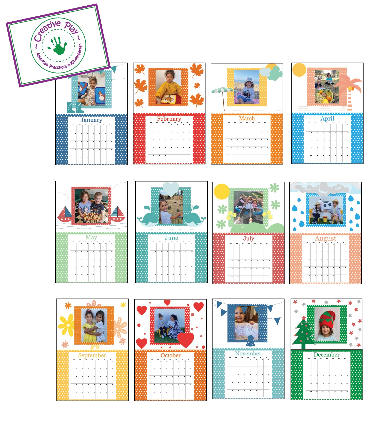 Colorful annual calendar with photos of children, each month decorated with seasonal or holiday illustrations related to the month, from January to December.