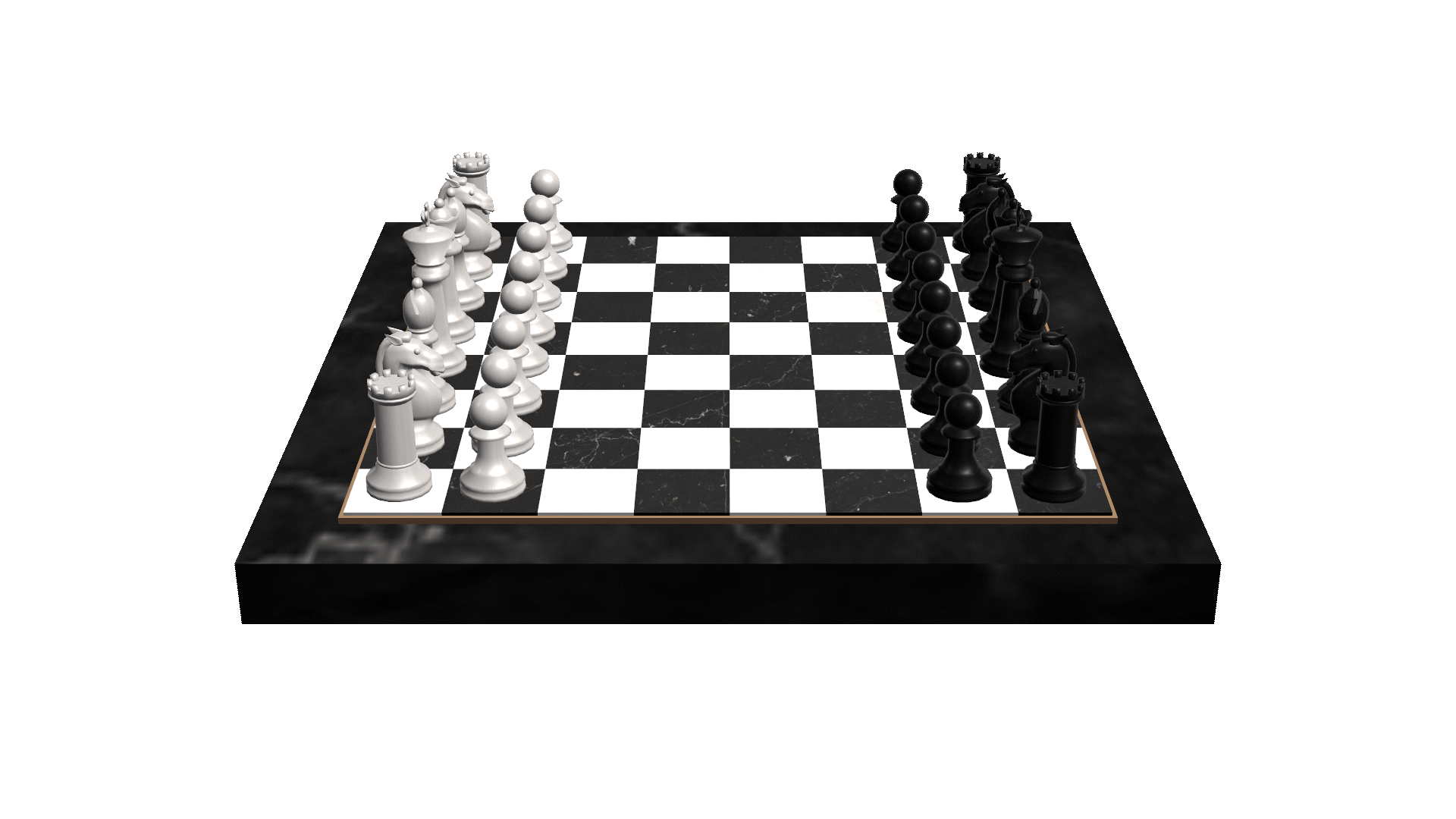 A black and white chessboard set up with black and white chess pieces ready for a game, on a black marble surface.