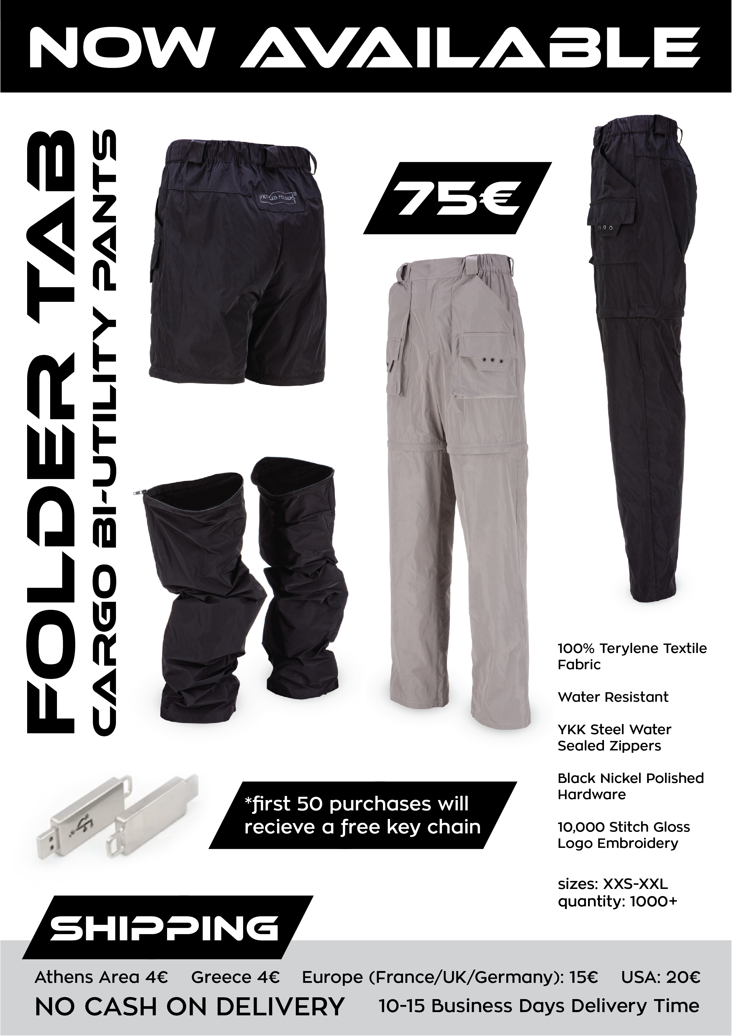 Advertisement for cargo bi-utility pants, featuring two pairs of cargo pants, a pair of leg gaiters, and a key chain, with information on fabric, features, sizes, and shipping at the bottom. Untitled Folders Techwear