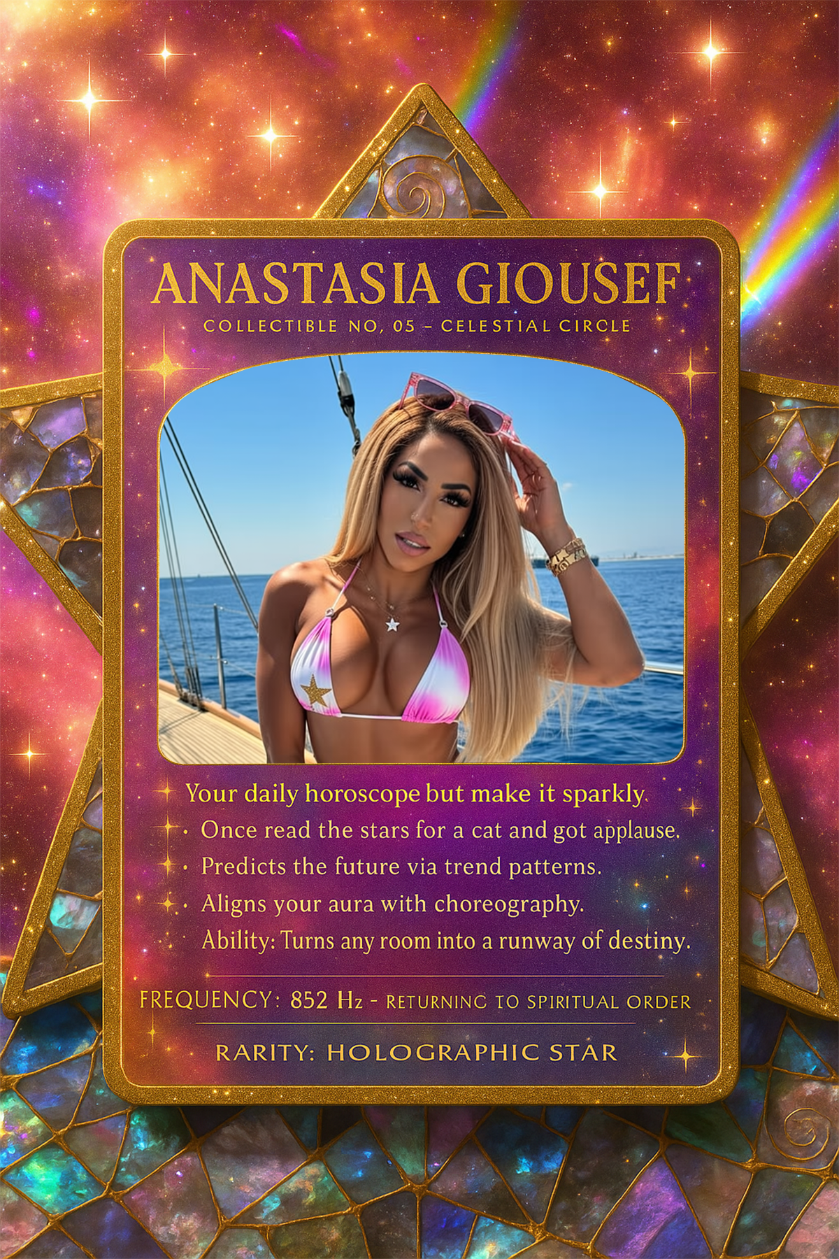 A tarot-style card featuring a woman in a pink and white bikini top with star details, posing on a boat with the ocean in the background. The card is titled 'Anastasia Giosef' and includes text describing her horoscope traits and mystical abilities, set against a colorful cosmic backdrop with stars and rainbow effects.